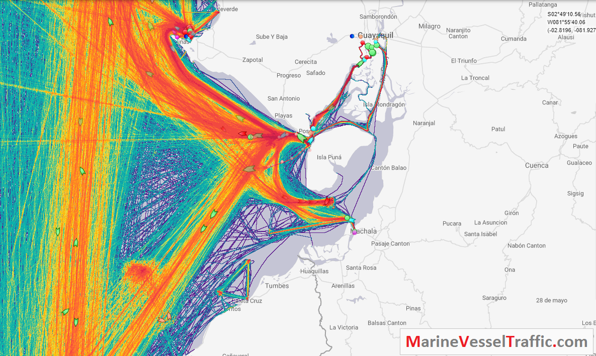 Live Marine Traffic, Density Map and Current Position of ships in GULF OF GUAYAQUIL 